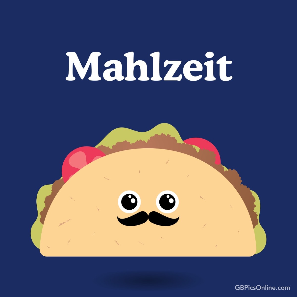 Ein animierter Taco mit Augen, Schnurrbart und dem Wort „Mahlzeit“ oben