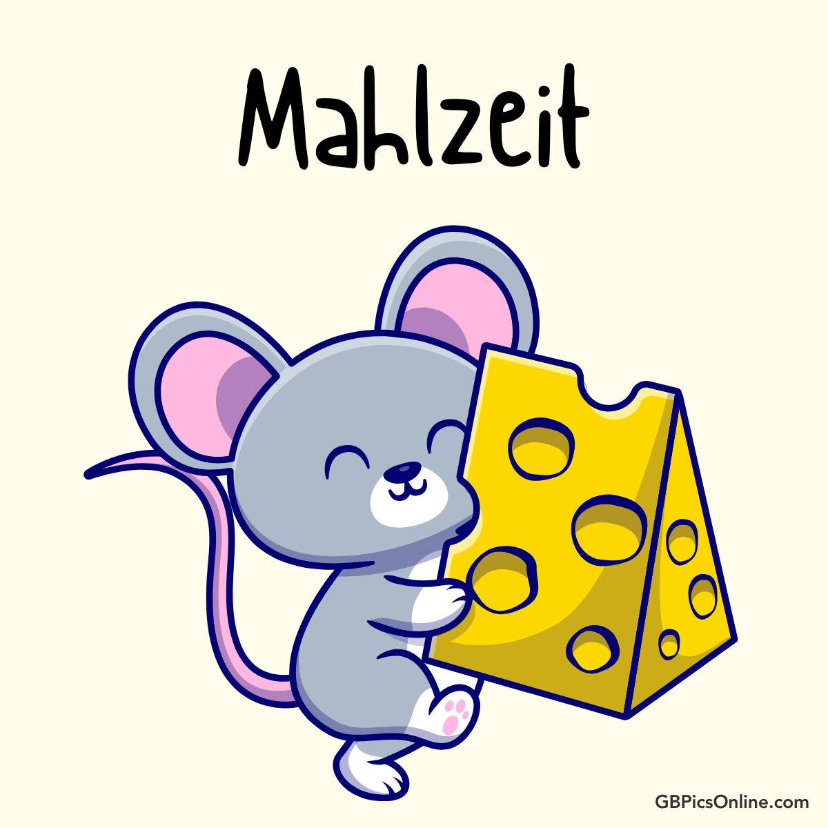 Eine Maus hält lächelnd ein großes Stück Käse. Text: Mahlzeit