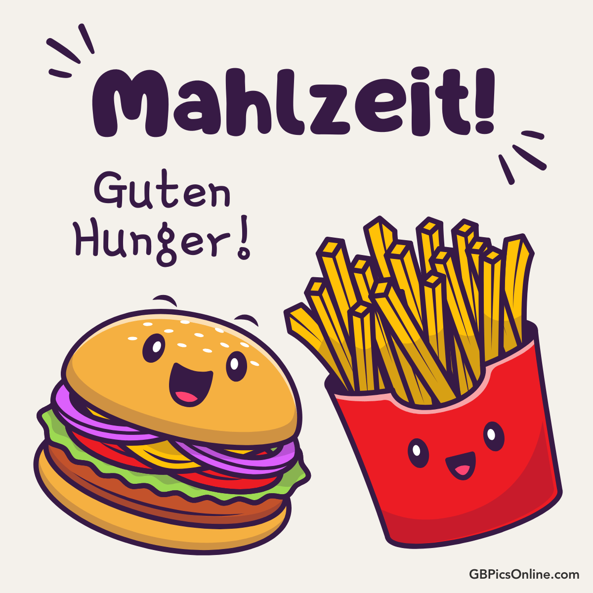 Vermenschlichter Burger und Pommes wünschen „Mahlzeit! Guten Hunger!“