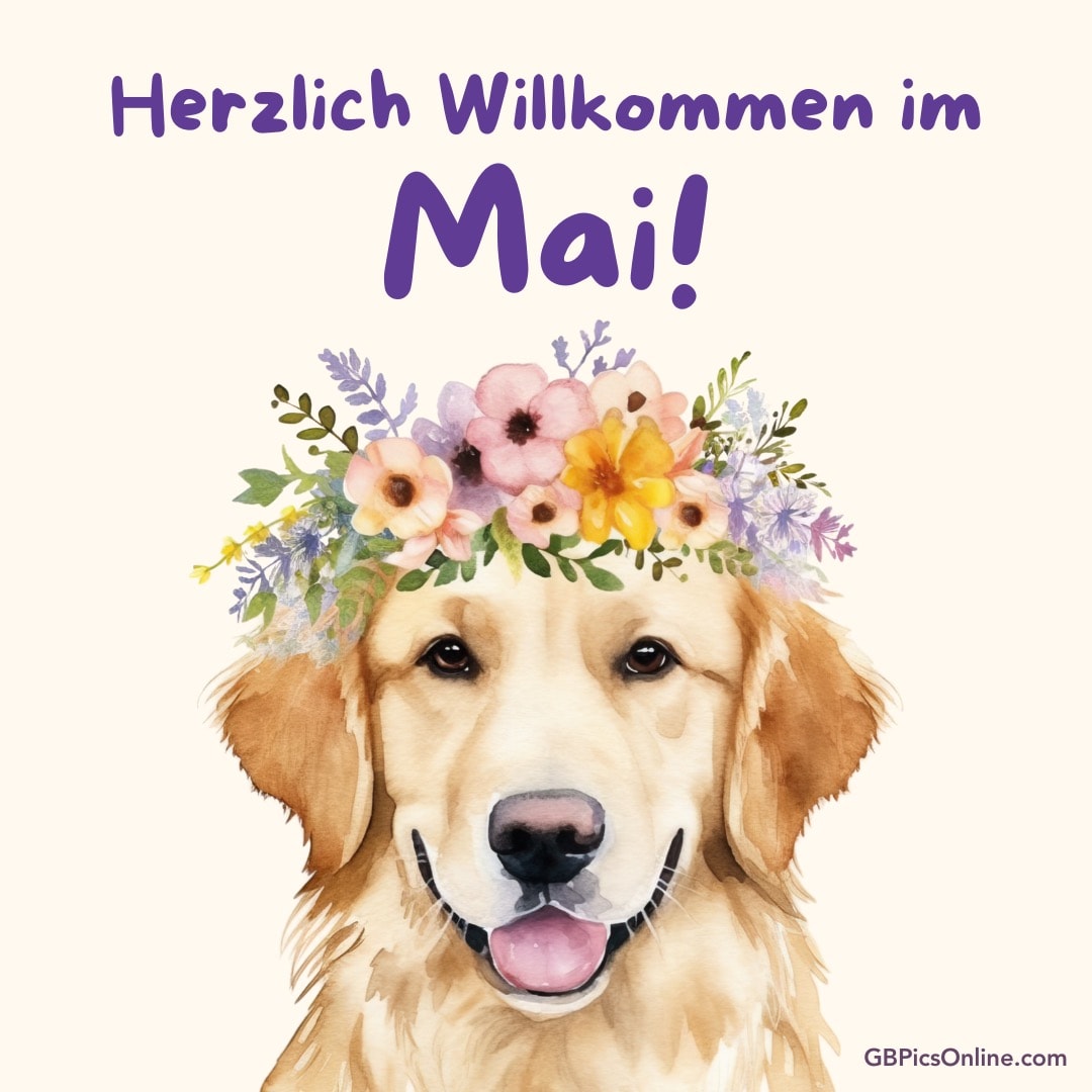 Ein Hund mit Blumenkranz und der Schriftzug „Herzlich Willkommen im Mai!“