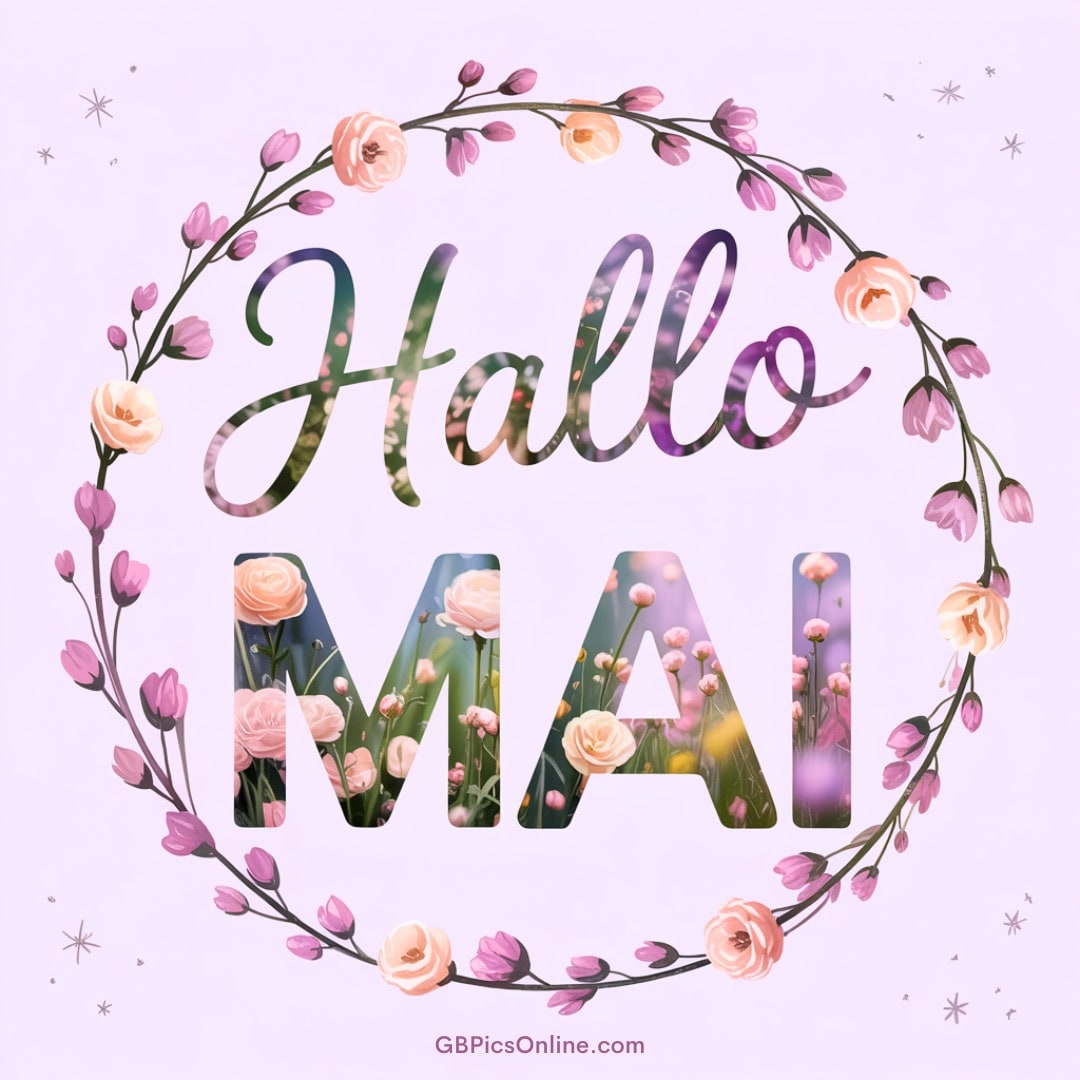Runder Kranz aus Blumen und Zweigen mit dem Text „Hallo Mai“ in der Mitte