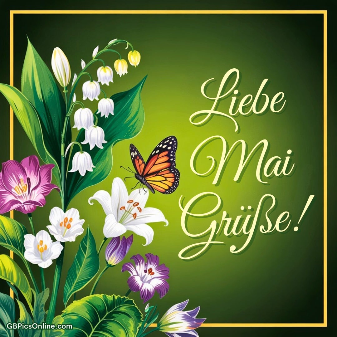 Eine bunte Darstellung von Blumen und einem Schmetterling mit „Liebe Mai Grüße!“ Text