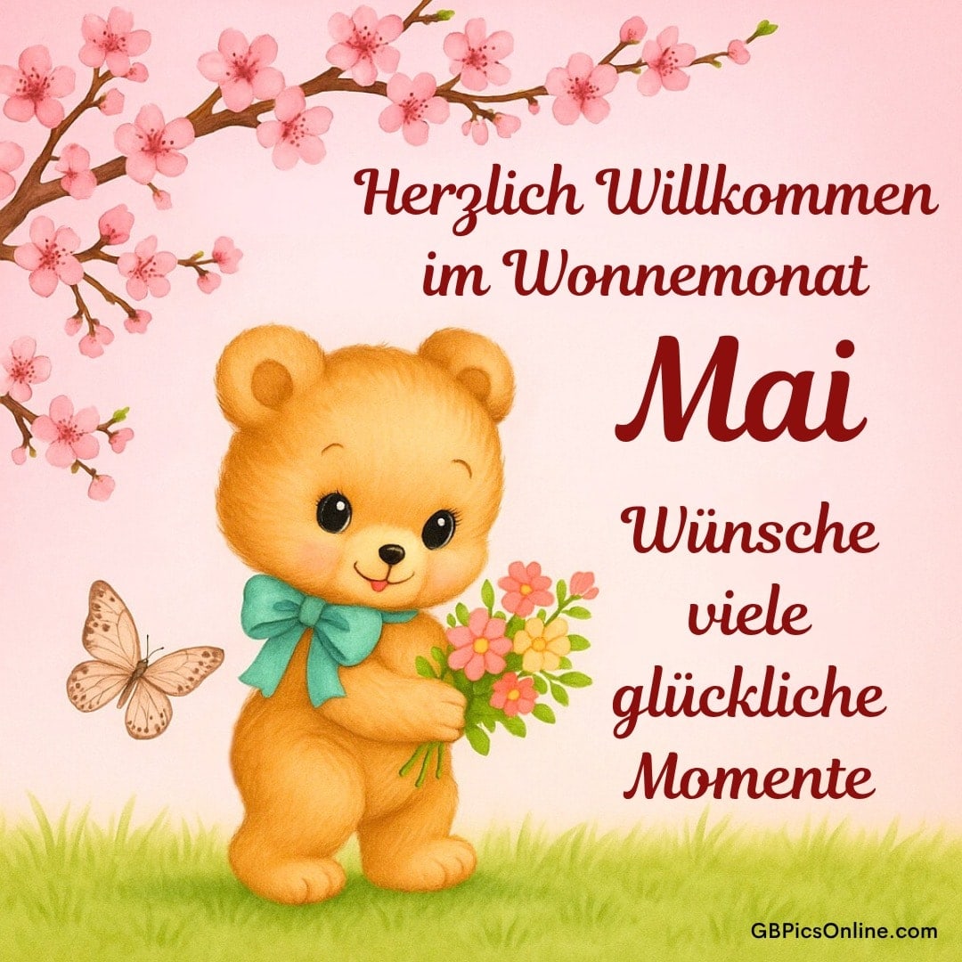 Ein Teddybär mit Blumen und Schleife steht neben Kirschblüten und einem Schmetterling