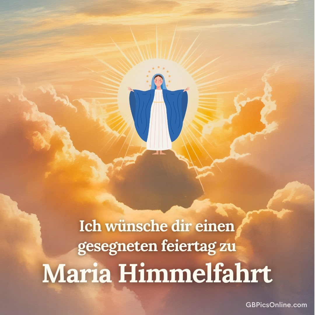 Eine strahlende Maria schwebt über goldenen Wolken, umgeben von Licht und Sternen, mit Segenswunsch zum Fest