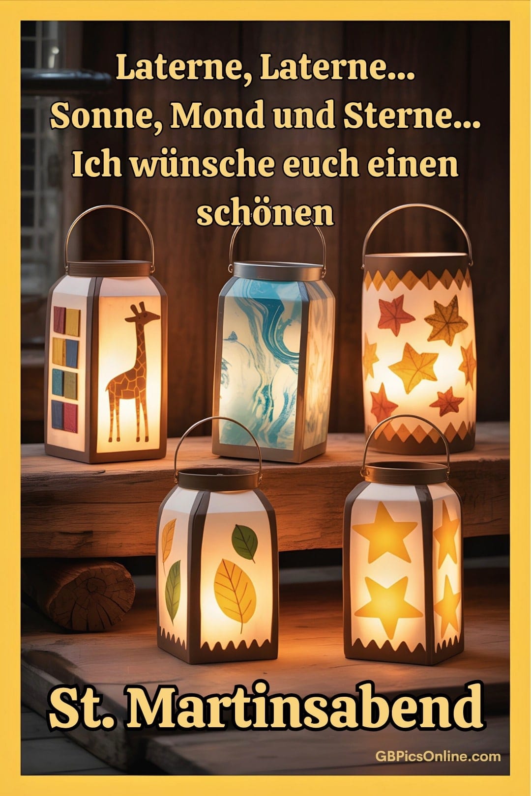 Leuchtende Laternen mit Tier- und Naturmotiven auf einem Holzgeländer