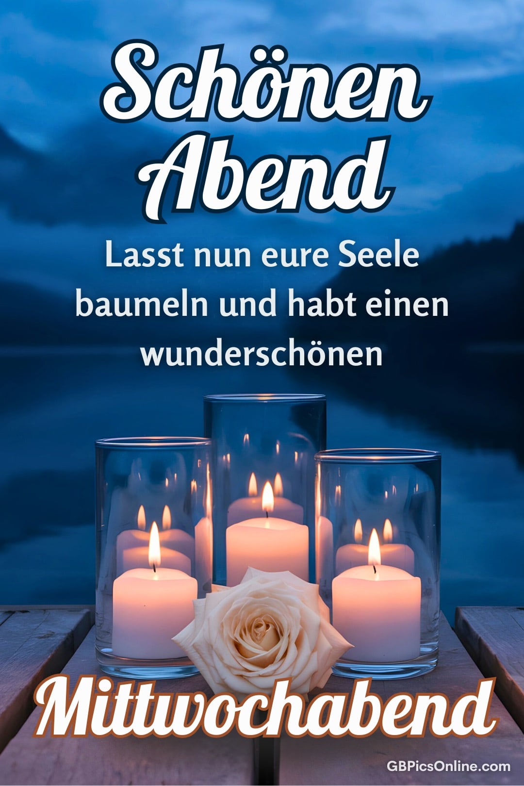 Grußkarte mit Kerzen und Rose am Mittwochabend am See