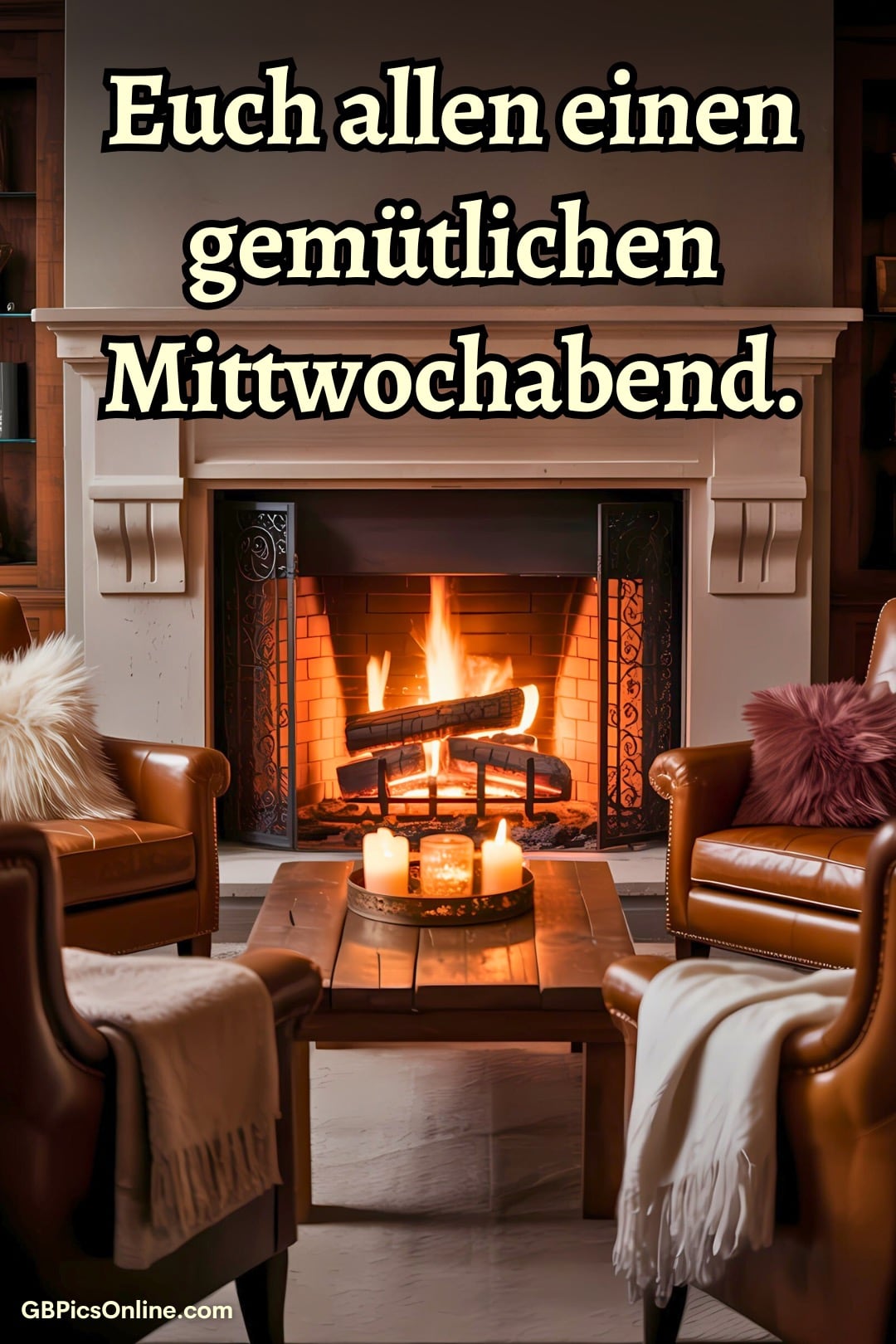 Eine gemütliche Wohnzimmerecke mit brennendem Kamin und Kerzen