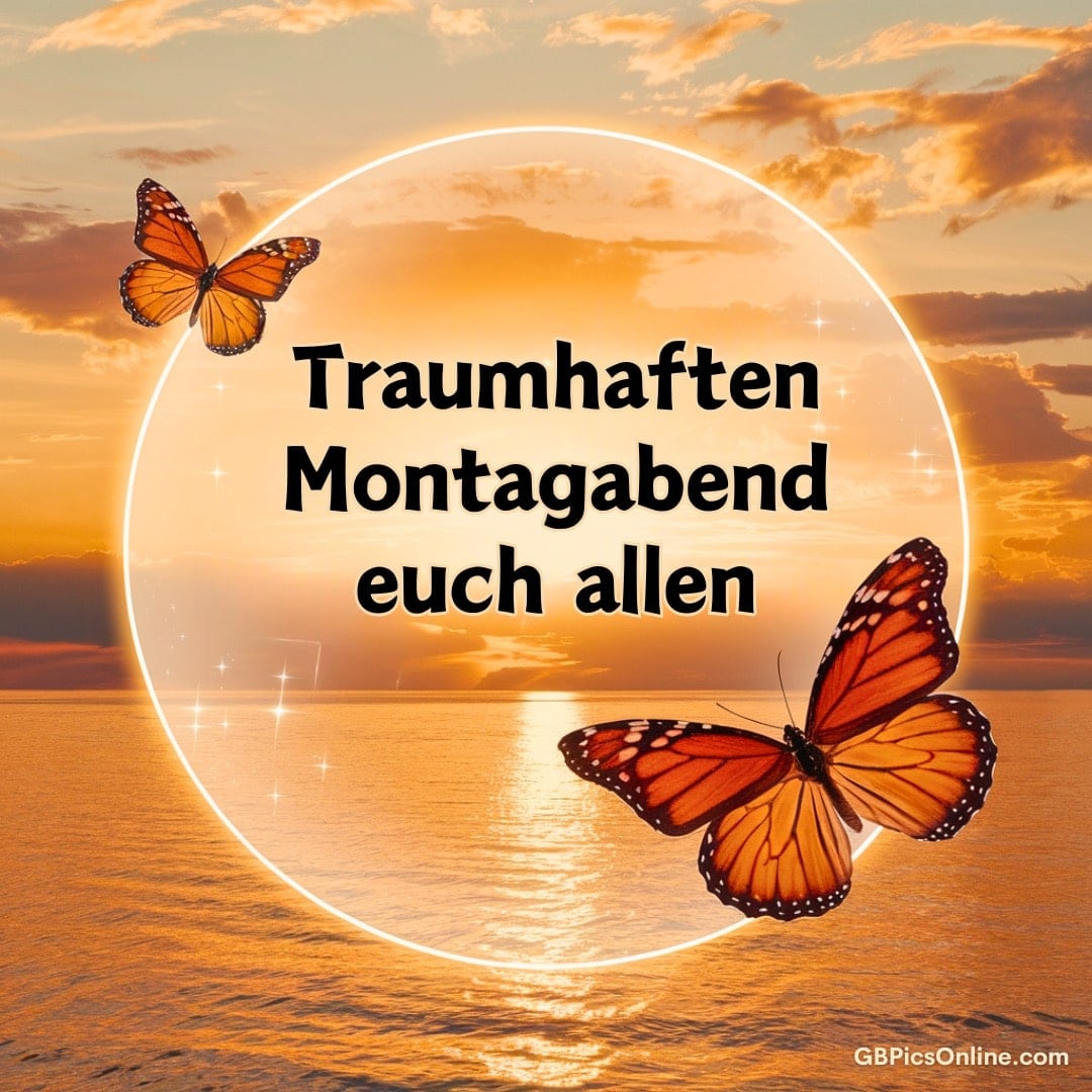 Sonnenuntergang mit Schmetterlingen und Wunsch nach einem traumhaften Montagabend