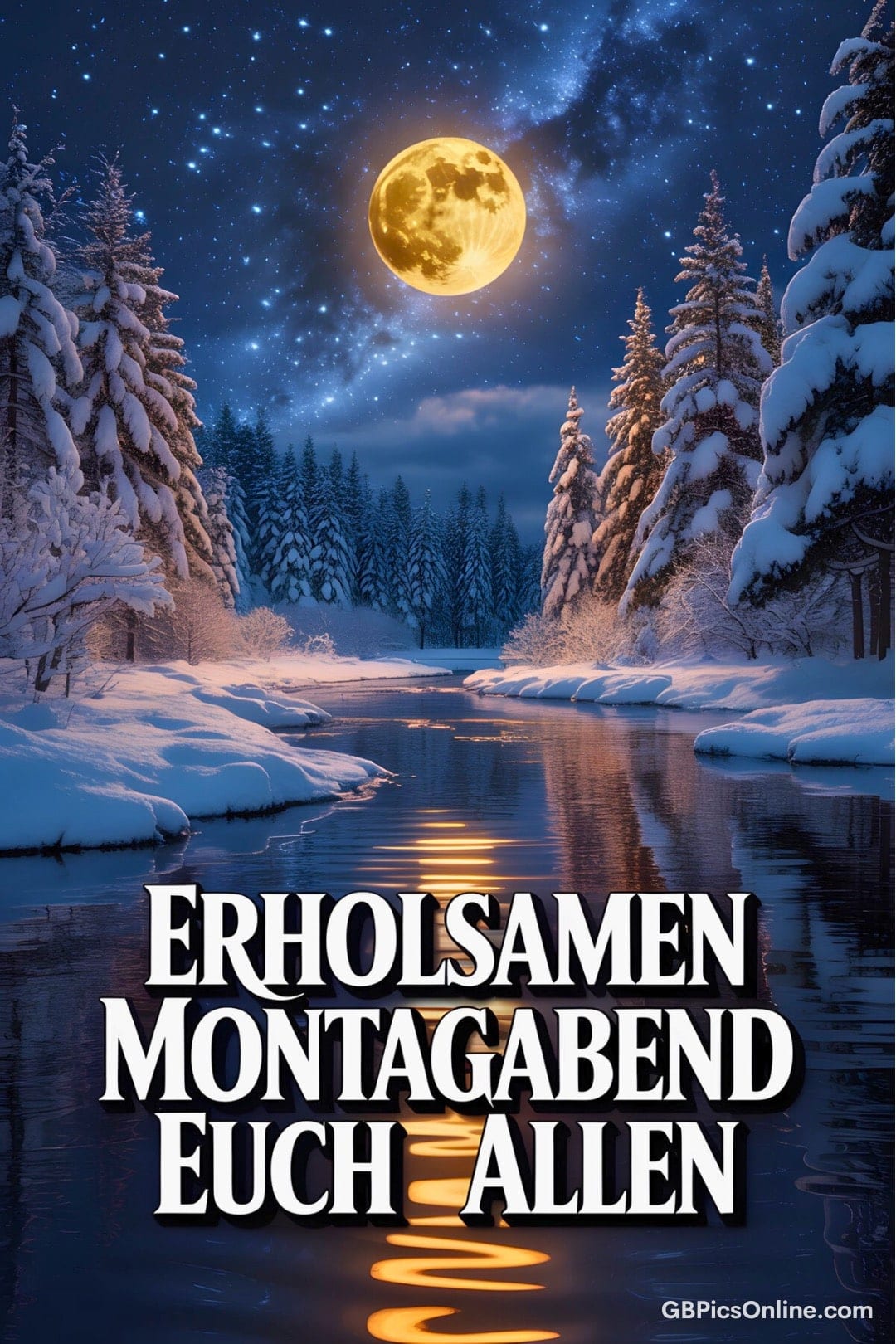 Verschneite Winterlandschaft am Fluss mit goldenem Vollmond und dem Text „Erholsamen Montagabend euch allen“