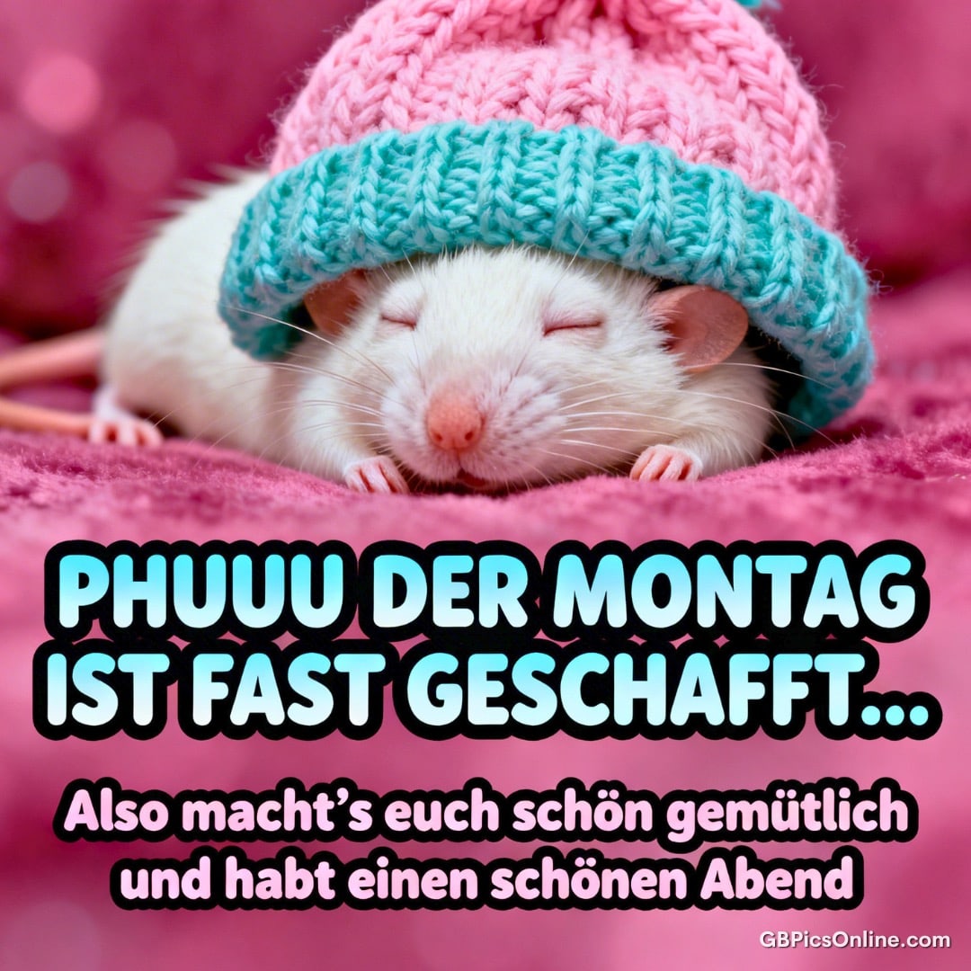 Schlafende weiße Ratte mit gestrickter rosa-türkiser Mütze auf pinkem Untergrund, dazu Gute-Abend-Spruch
