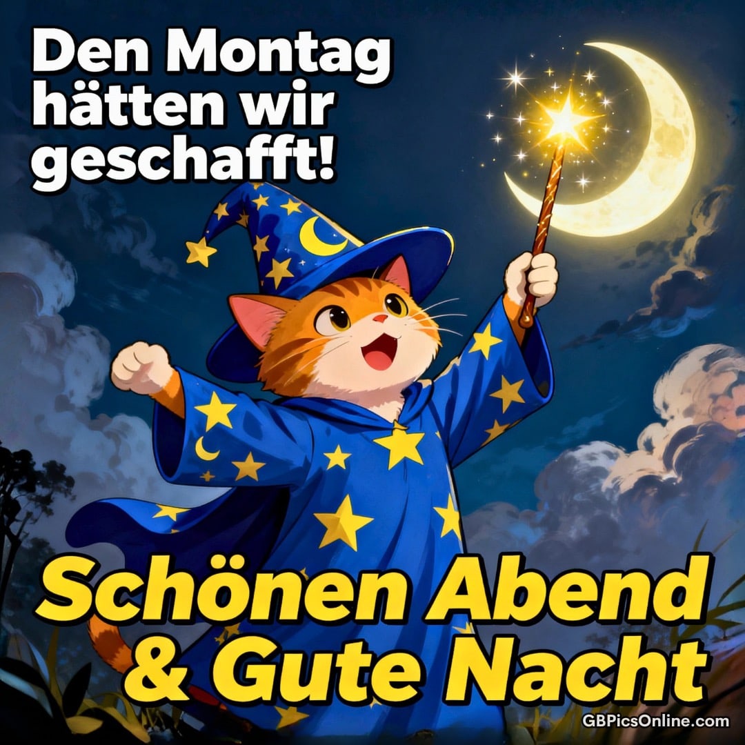 Fröhliche Katze im Zauberergewand mit Sternenstab vor Mond und Wolken, Gruß zum Abend und zur Nacht