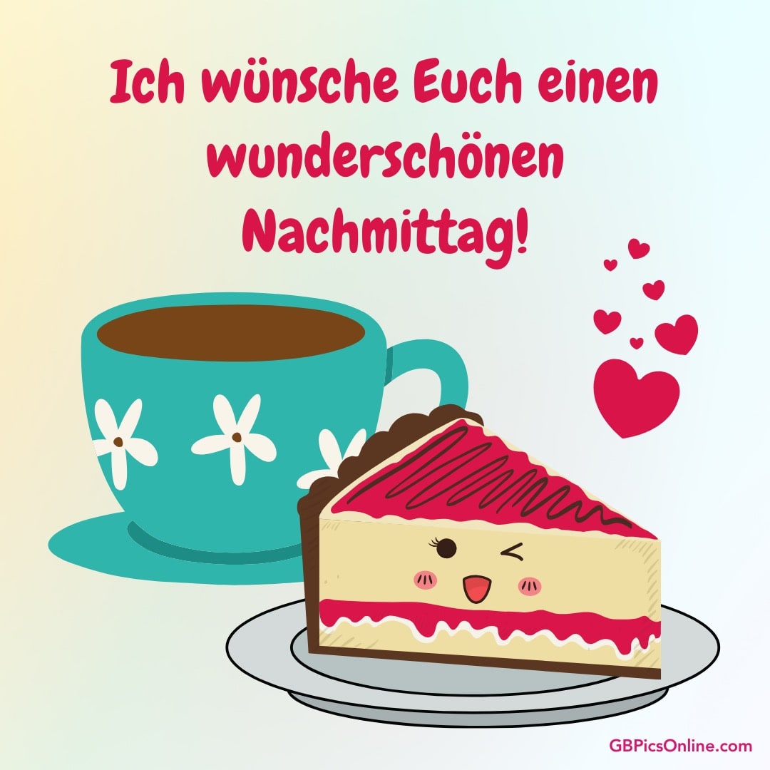 Eine Tasse Kaffee neben einem lächelnden Stück Kuchen