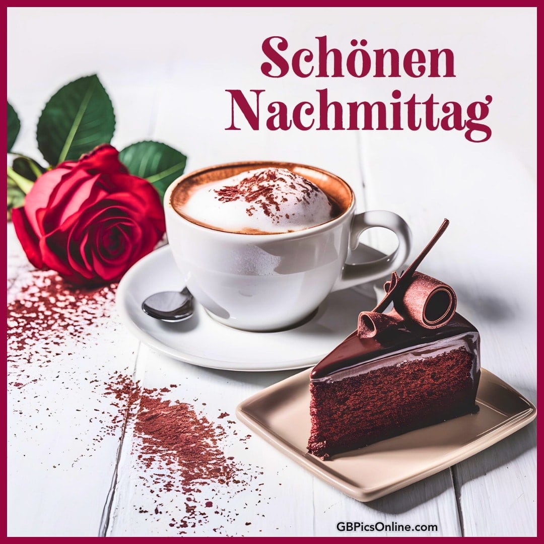 Tasse Kaffee, Schokoladenkuchen und rote Rose auf einem Tisch