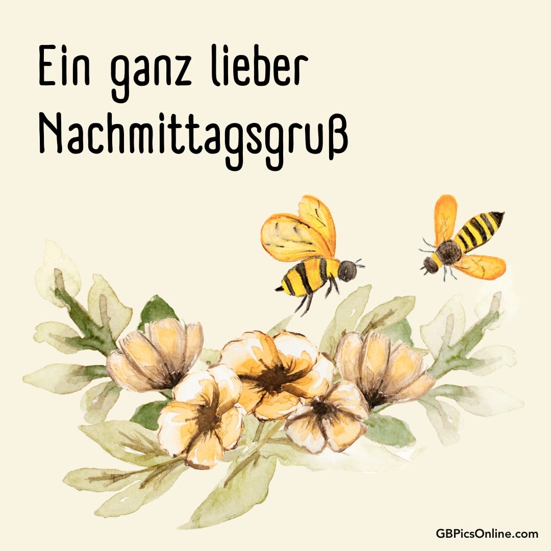 Zeichnung von Blumen und Bienen mit Grußtext oben