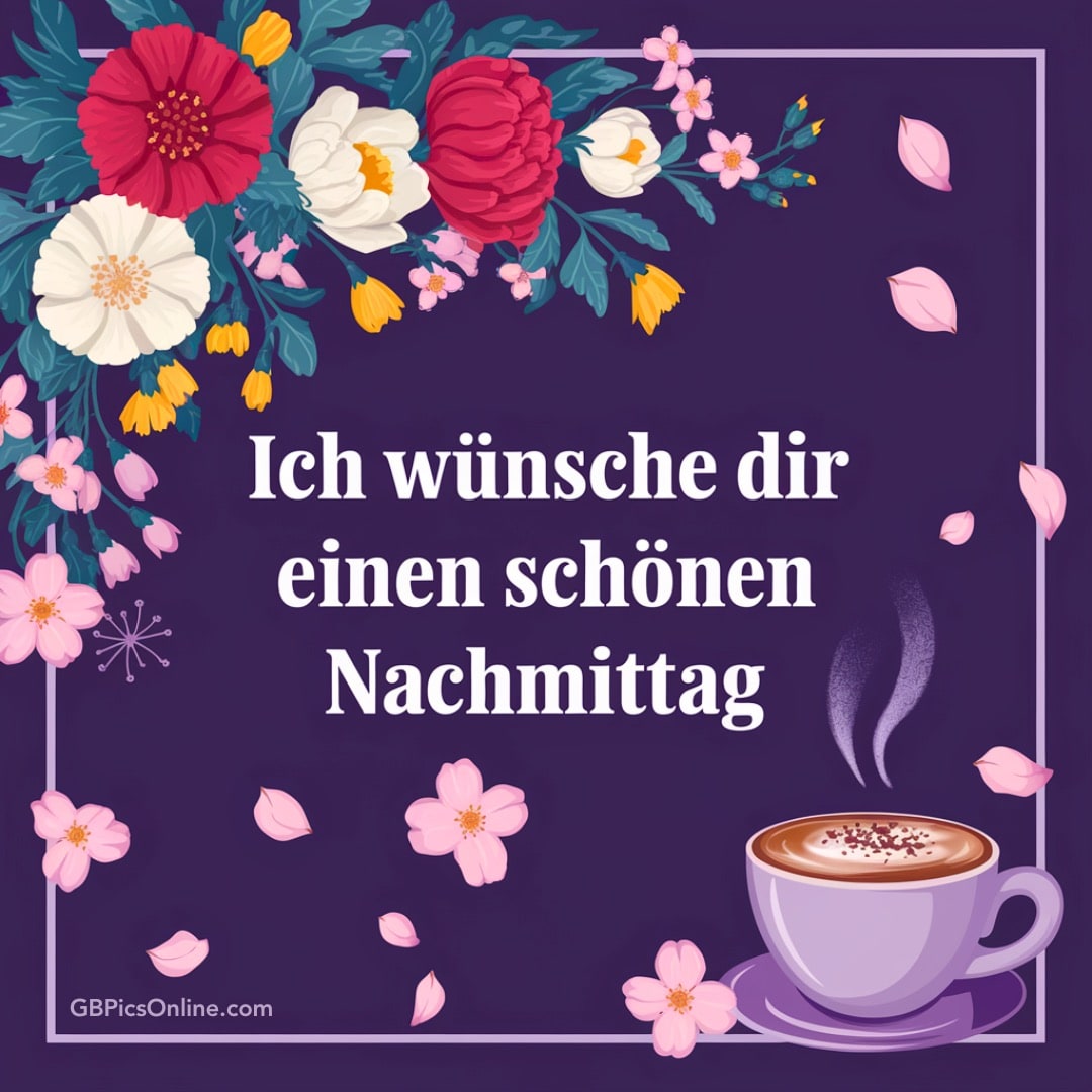 Farbenfrohe Blumen und eine Tasse Kaffee mit dem Wunsch für einen schönen Nachmittag