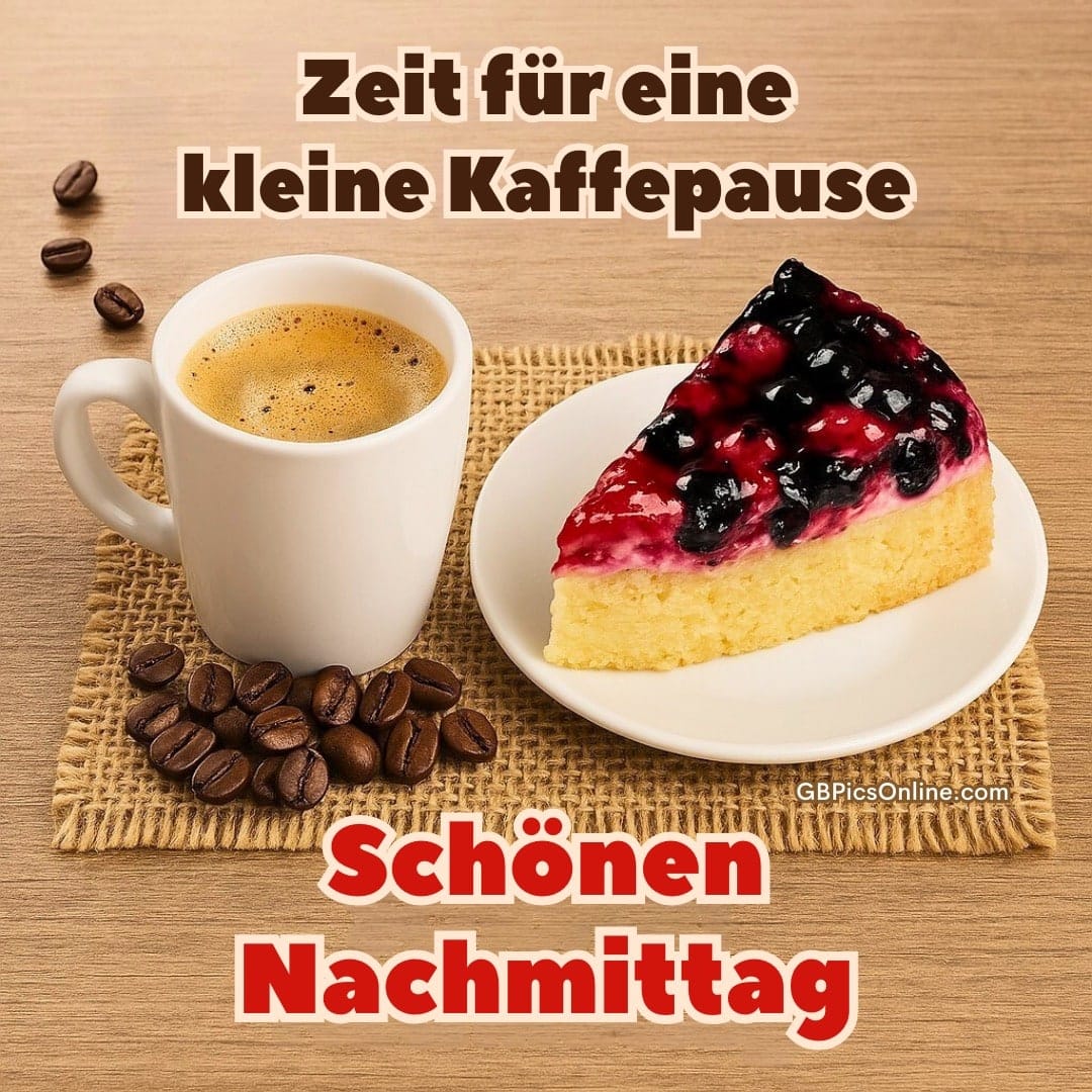 Kaffeetasse mit Kuchenstück auf einem Holztisch, ideal für eine Pause