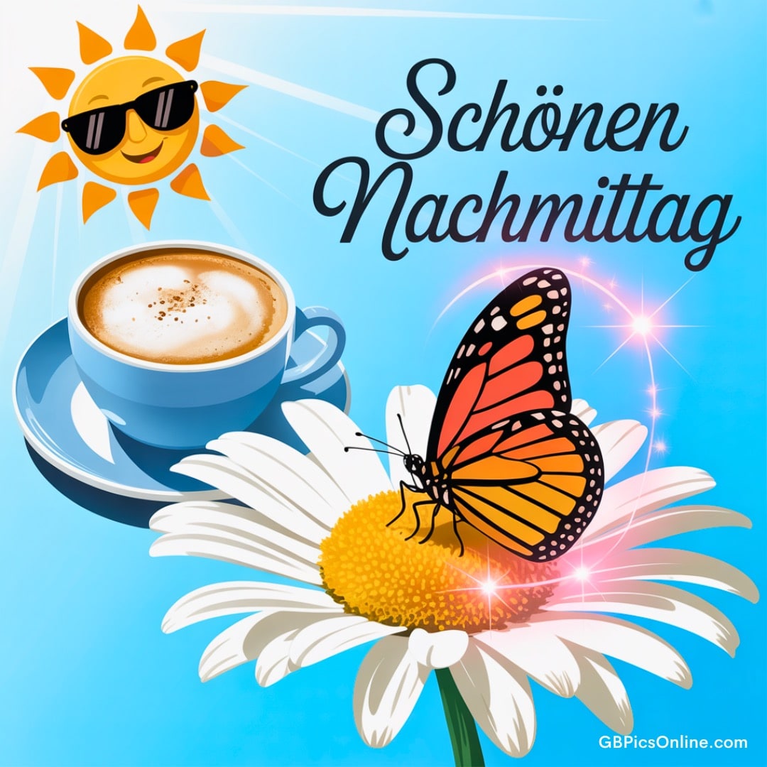 Eine strahlende Sonne mit Sonnenbrille, eine Tasse Kaffee, ein Schmetterling auf einer Blume und der Gruß: Schönen Nachmittag