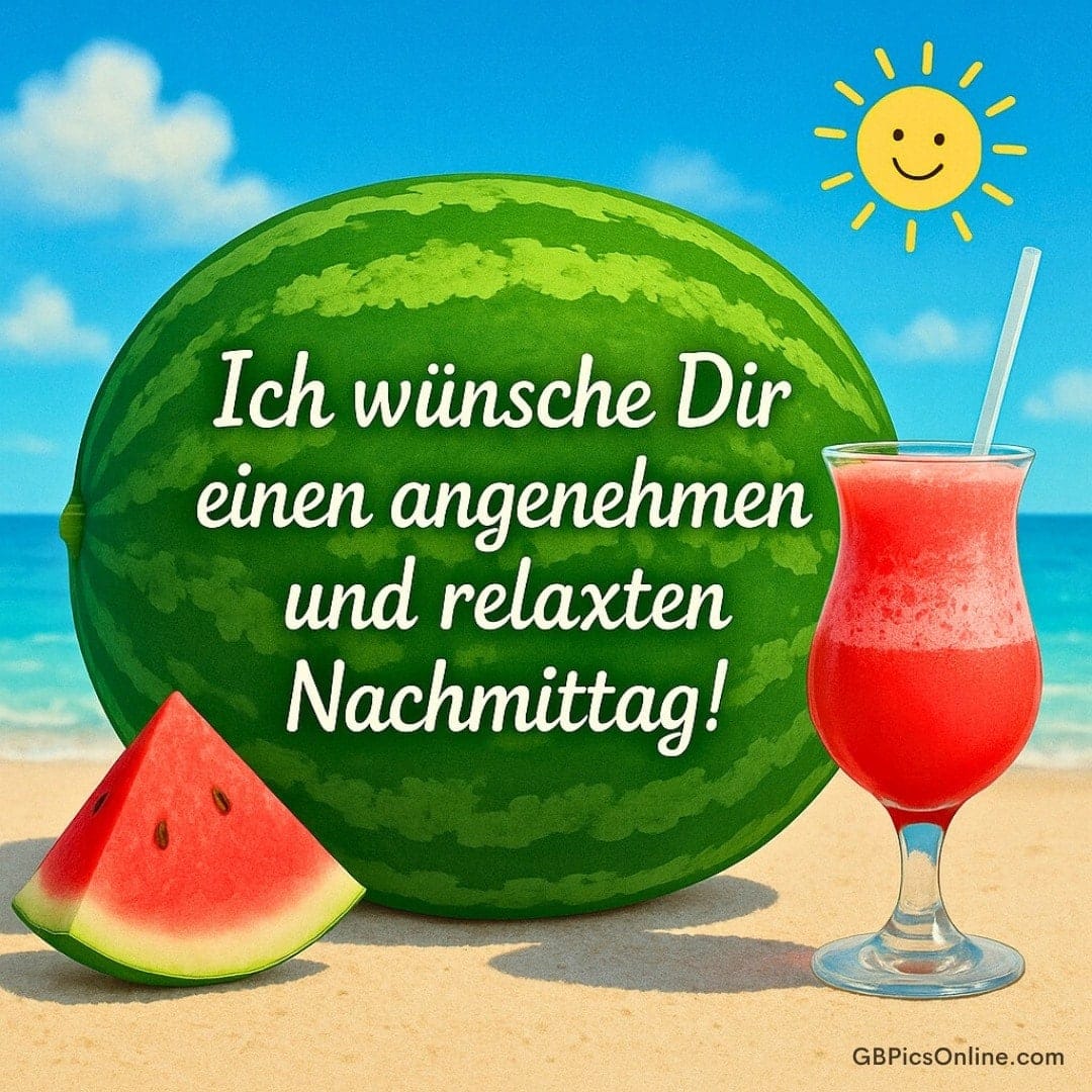 Wassermelone am Strand mit Getränk; Text: „Ich wünsche Dir einen angenehmen und relaxten Nachmittag!“