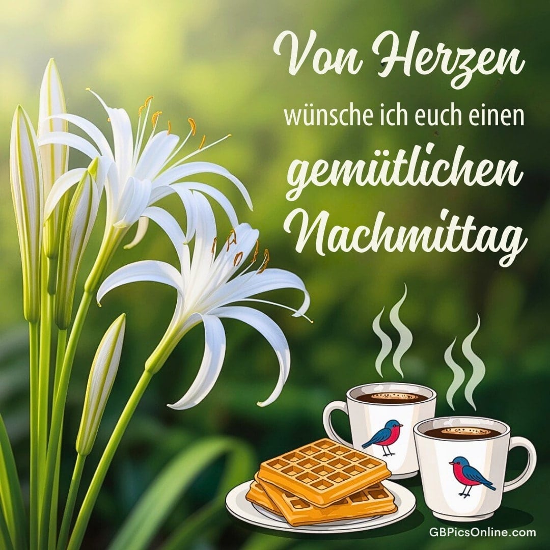 Weiße Blumen, zwei Tassen Kaffee mit Vögeln und Waffeln auf einem Teller, dazu ein freundlicher Wunsch für den Nachmittag