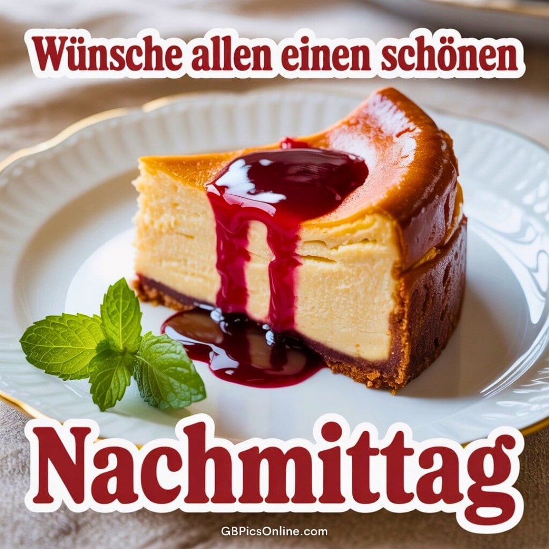 Ein Stück Käsekuchen mit Kirschsoße und Minze auf einem Teller. Text: Wünsche allen einen schönen Nachmittag