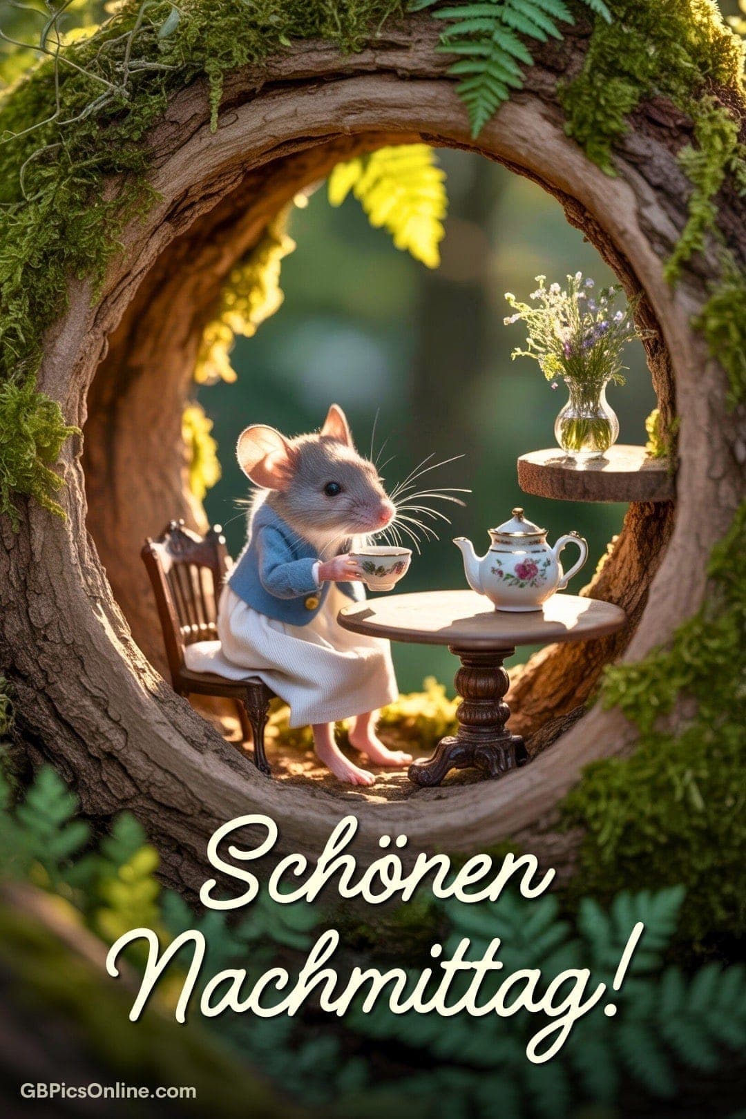 Maus im Baumstamm beim Tee mit Kanne und Blumen; darunter der Gruß: „Schönen Nachmittag!“