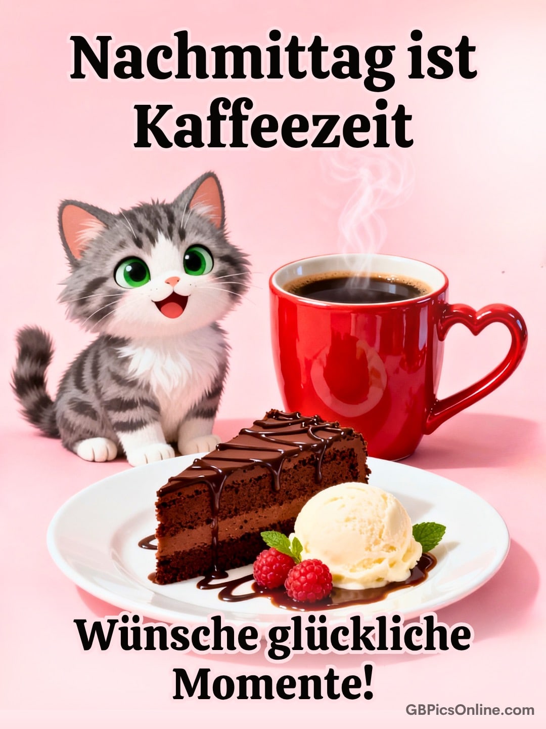 Niedliche Katze neben roter Kaffeetasse und Teller mit Schokokuchen, Eis und Himbeeren