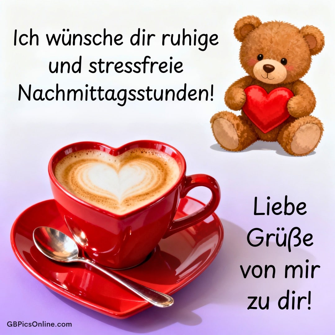 Teddybär mit rotem Herz neben herzförmiger roter Tasse Cappuccino und Grußtext