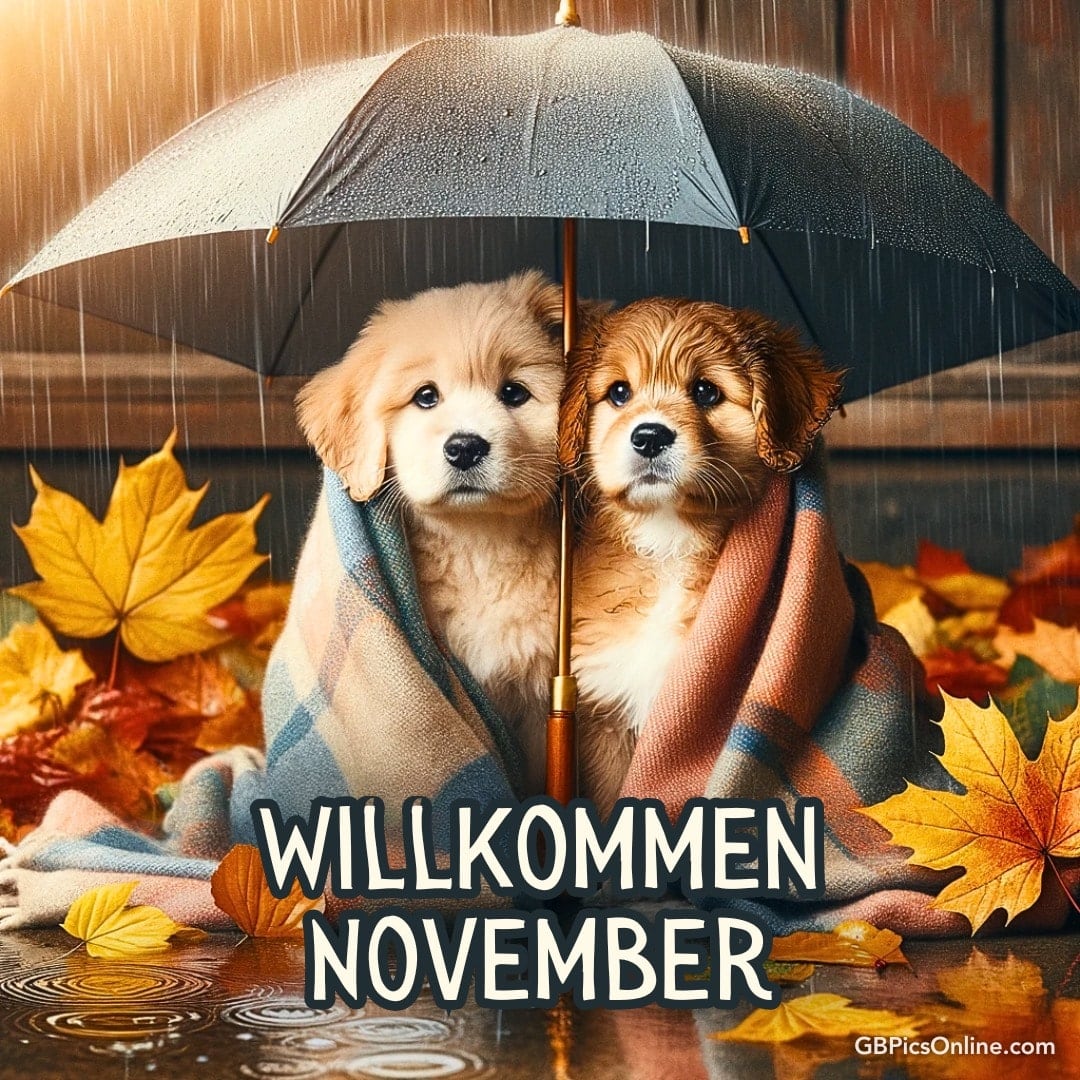 Zwei süße Welpen unter einem Schirm, herbstliche Blätter. Text: Willkommen November