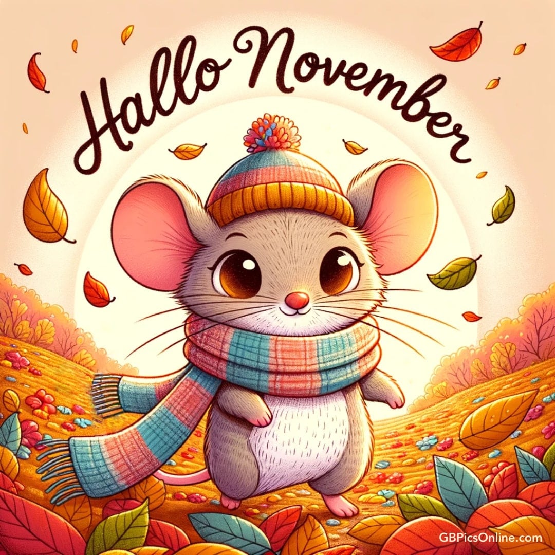 Eine süße Maus begrüßt den November, umgeben von buntem Herbstlaub