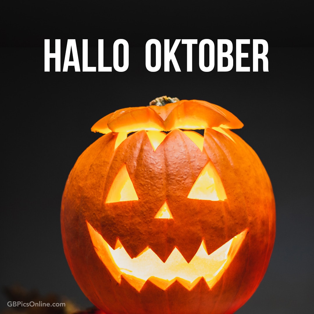 Leuchtender Kürbis mit gruseligem Gesicht, darüber „Hallo Oktober“ Text
