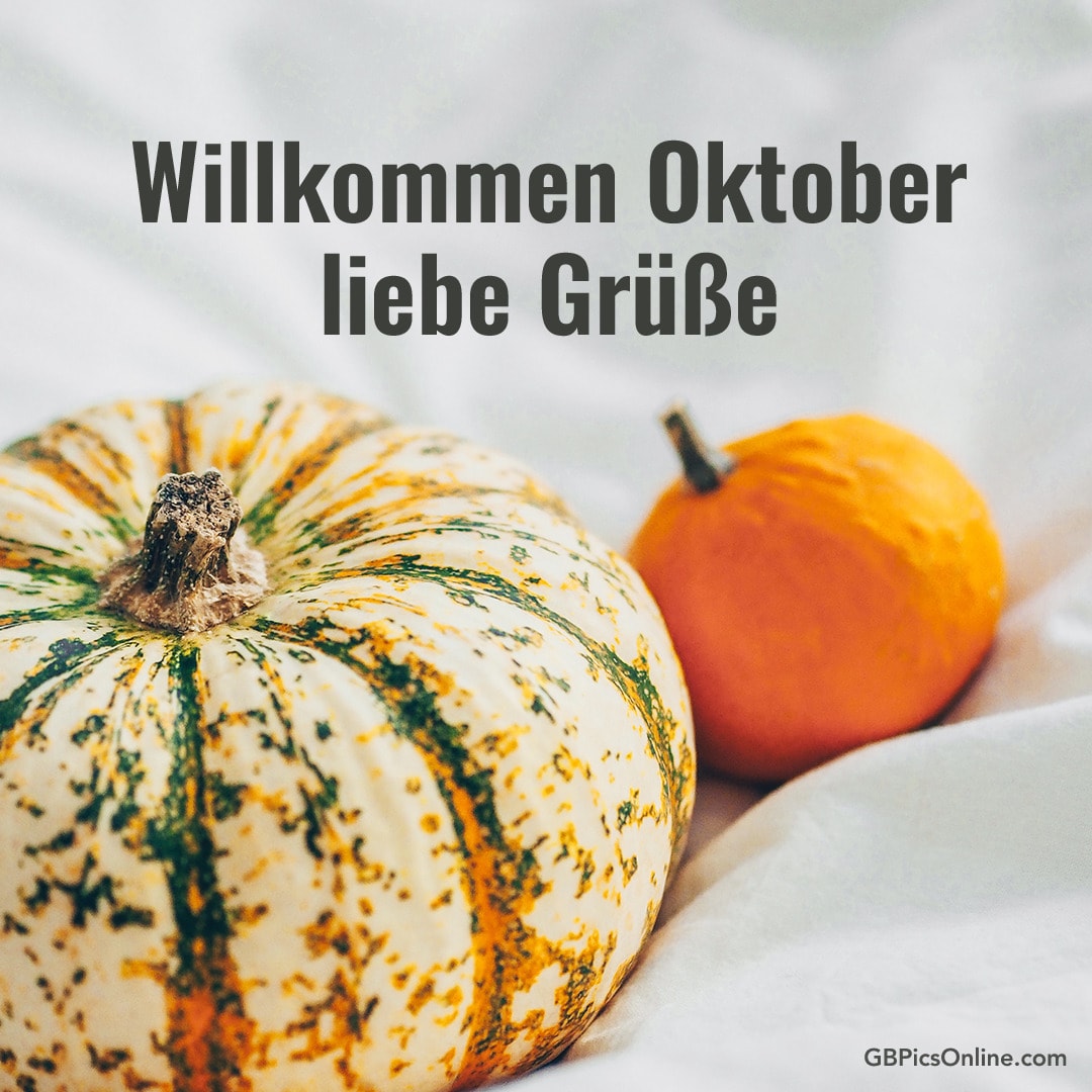 Zwei Kürbisse mit „Willkommen Oktober liebe Grüße“ Text