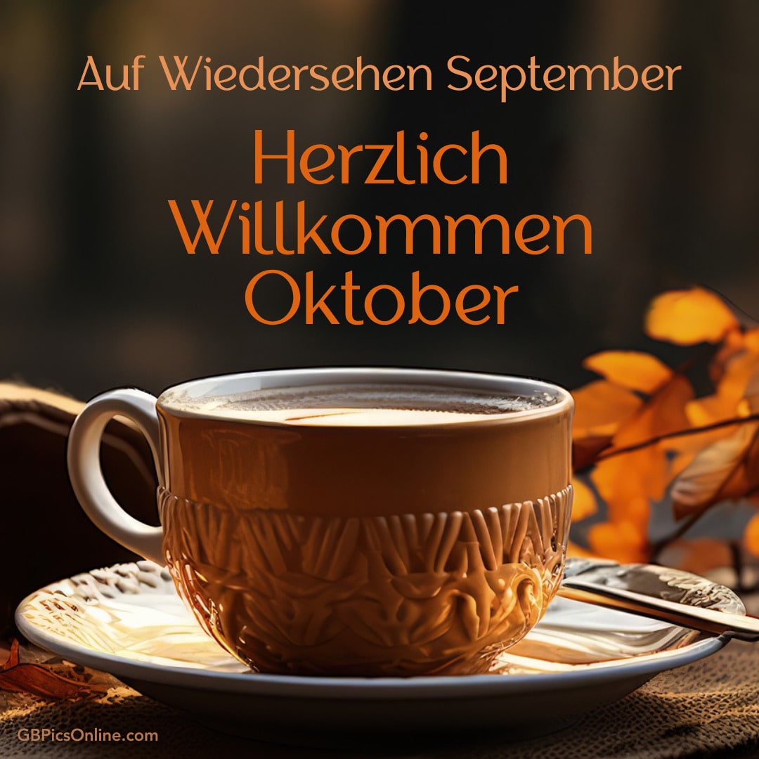 Tasse Kaffee mit Herbstlaub und Text „Auf Wiedersehen September - Herzlich Willkommen Oktober“