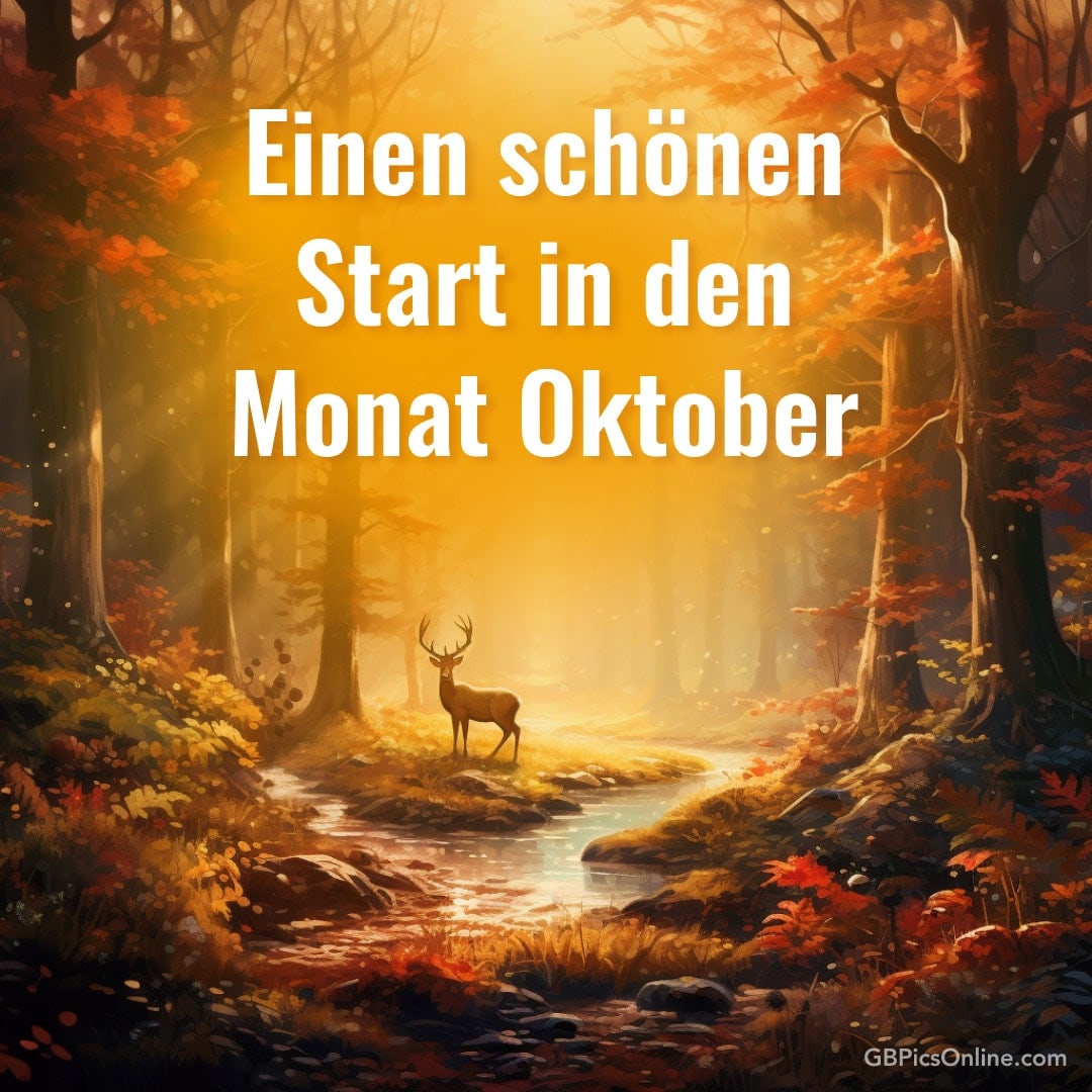 Herbstwald mit Hirsch, bunten Blättern und sanftem Sonnenlicht. Text: Einen schönen Start in den Monat Oktober