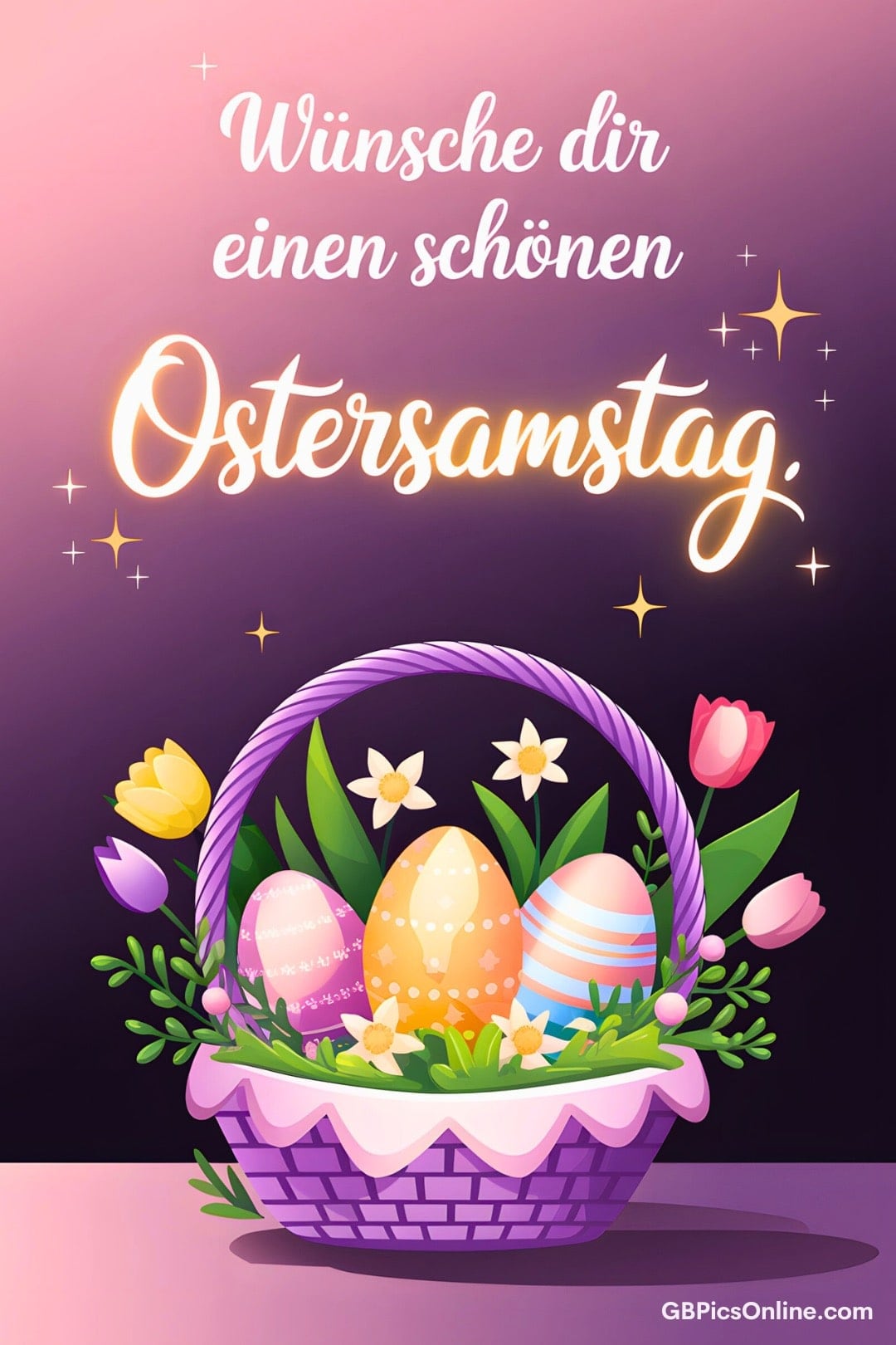 Ostergruß mit Korb voller bunter Eier und Blumen auf lila Hintergrund