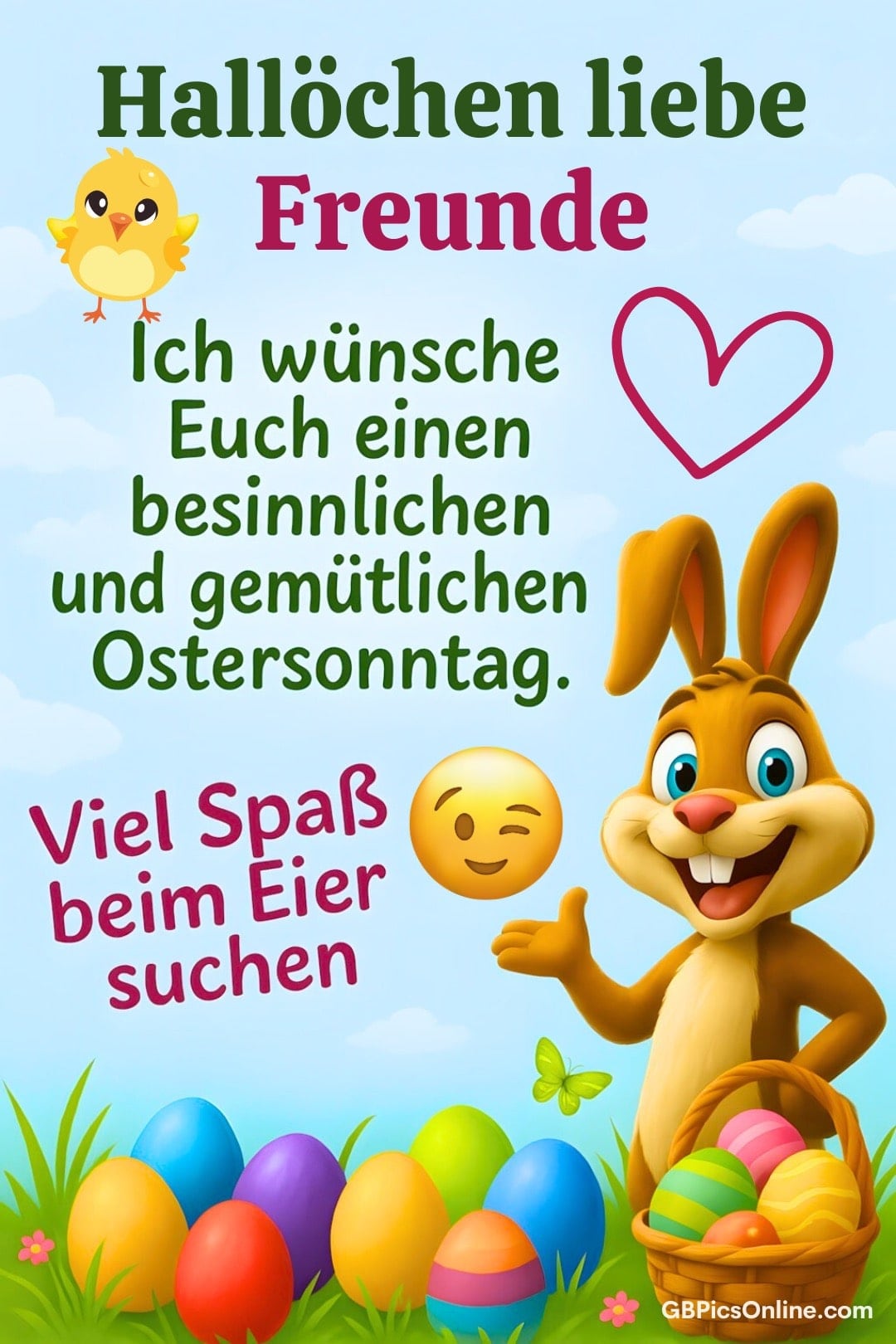 Ostergruß mit Hase, Küken und bunten Eiern, dazu gute Wünsche für den Ostersonntag
