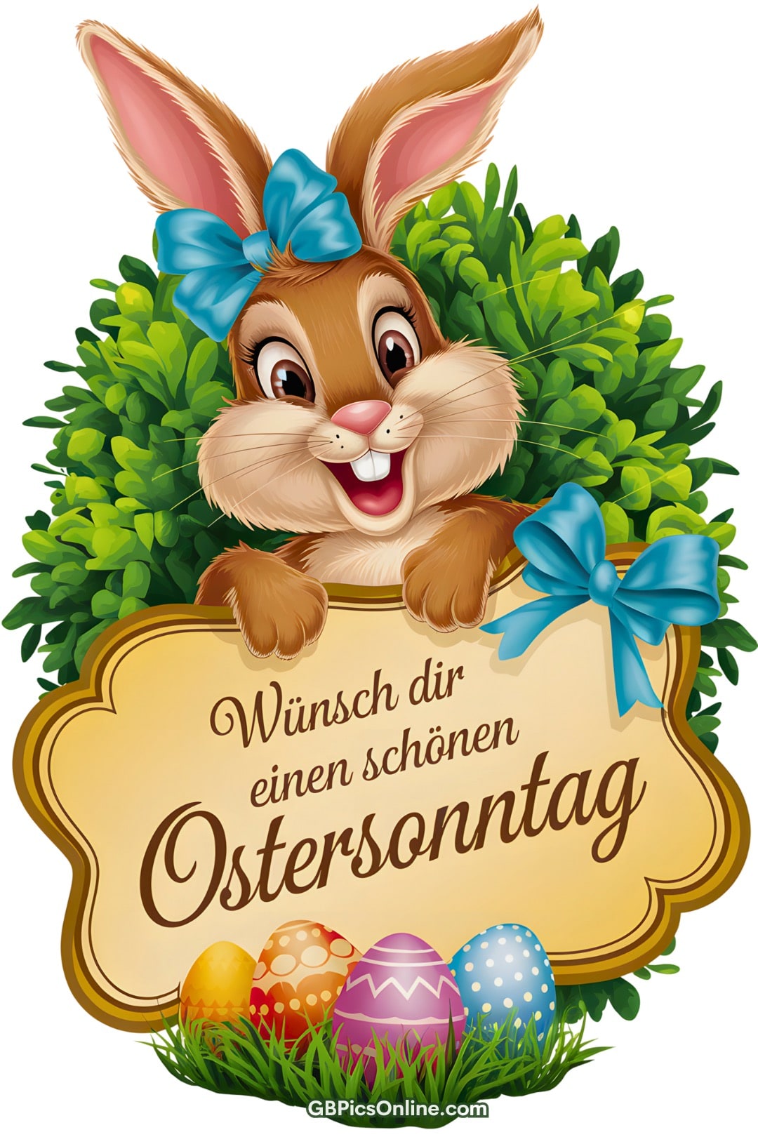 Fröhlicher Osterhase mit Ostereiern und Grüßen zum Osterfest