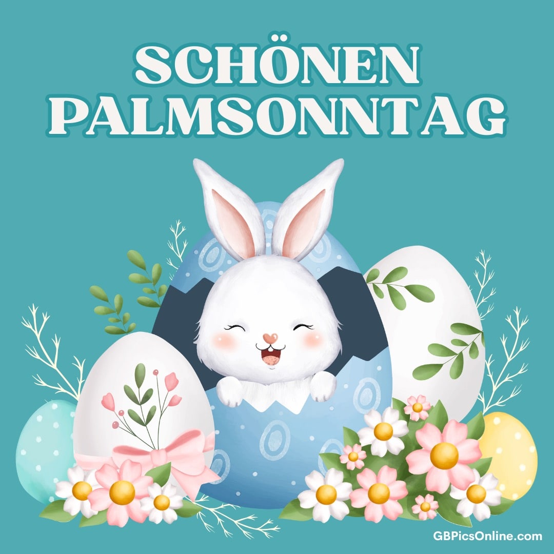 Lustige Osterillustration mit einem glücklichen Hasen, Eiern und Blumen