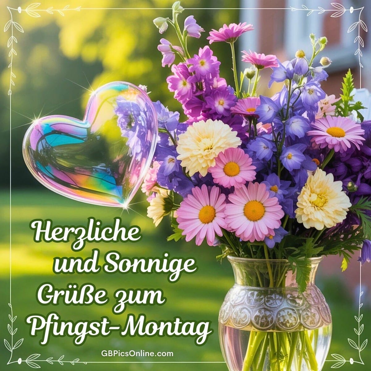 Bunter Blumenstrauß mit schillerndem Herzen und Grüßen zum Pfingst-Montag