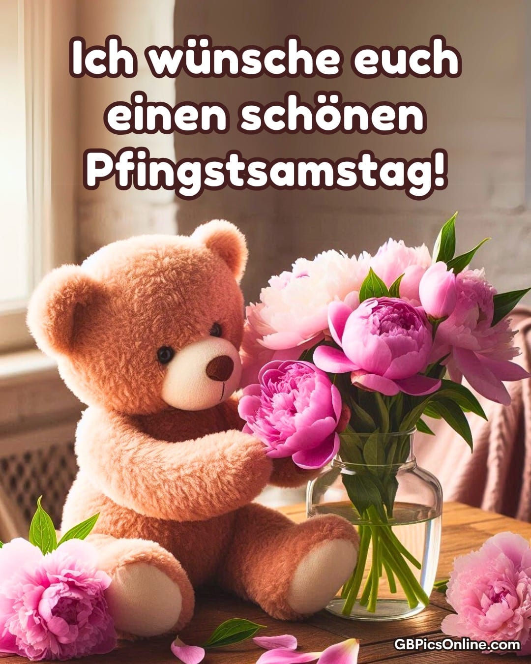 Ein Plüschbär sitzt am Tisch neben einer Vase mit rosa Pfingstrosen, Blütenblätter liegen verstreut herum