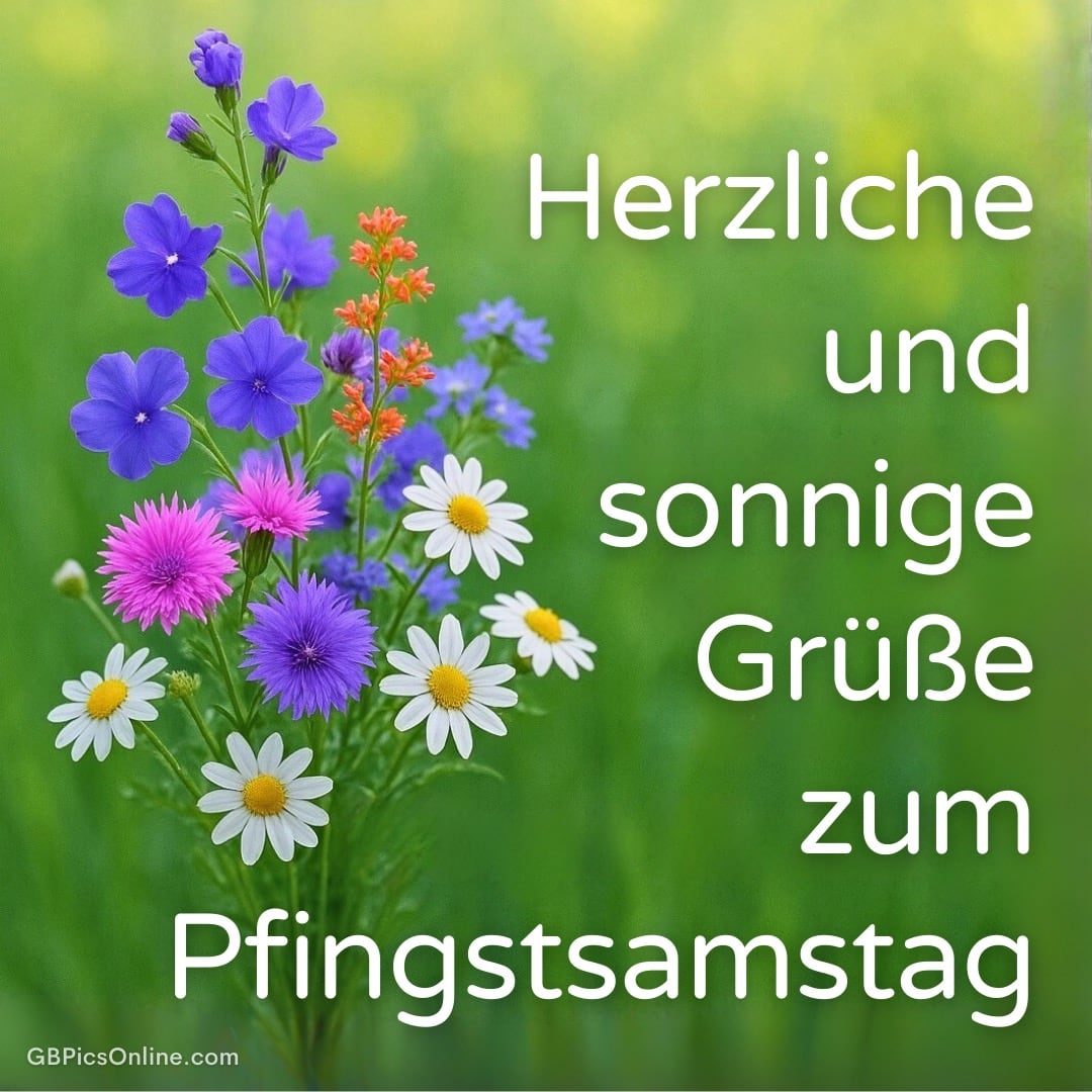 Bunter Blumenstrauß auf grüner Wiese mit Text: „Herzliche und sonnige Grüße zum Pfingstsamstag“
