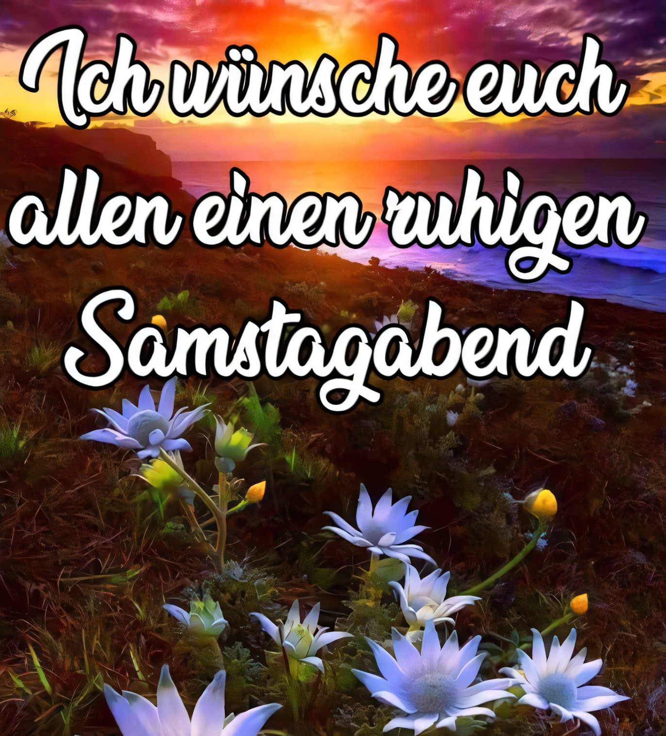 Bunter Sonnenuntergang und Blumen am Meer mit Grußtext