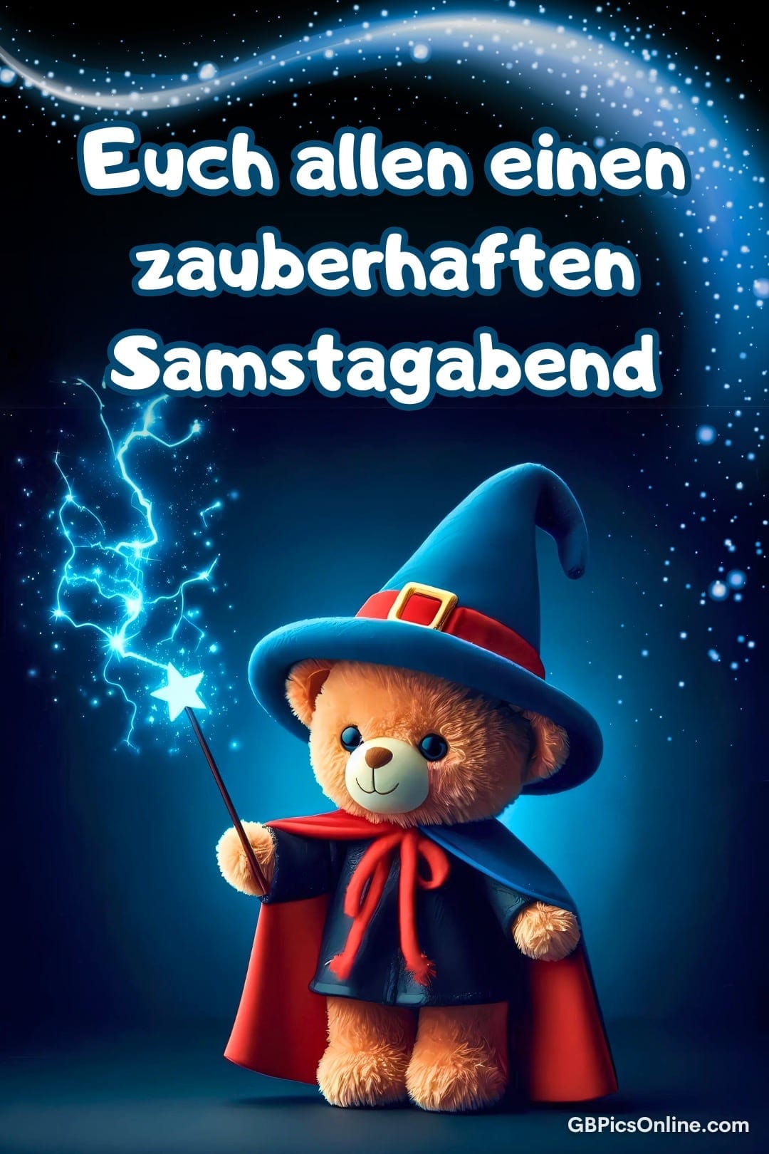 Ein Teddybär in Zauberer-Outfit mit Zauberstab wünscht einen zauberhaften Samstagabend unter funkelndem Nachthimmel