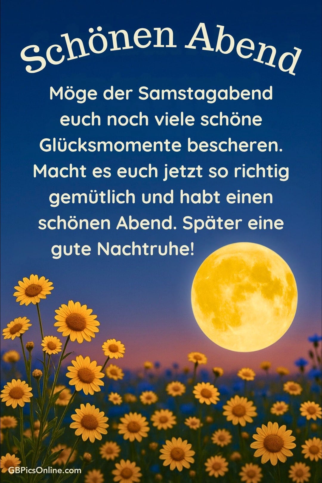 Gelber Vollmond über einem Feld mit Sonnenblumen bei Nacht