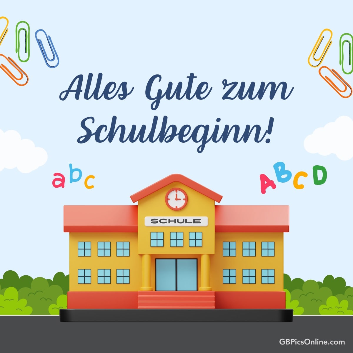 Eine bunte Illustration zur Feier des Schulanfangs mit einer Schule und Buchstaben