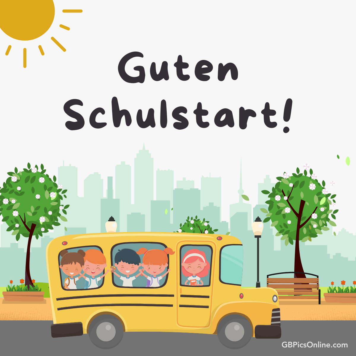 Ein gelber Schulbus mit fröhlichen Kindern fährt vor einer Stadtlandschaft