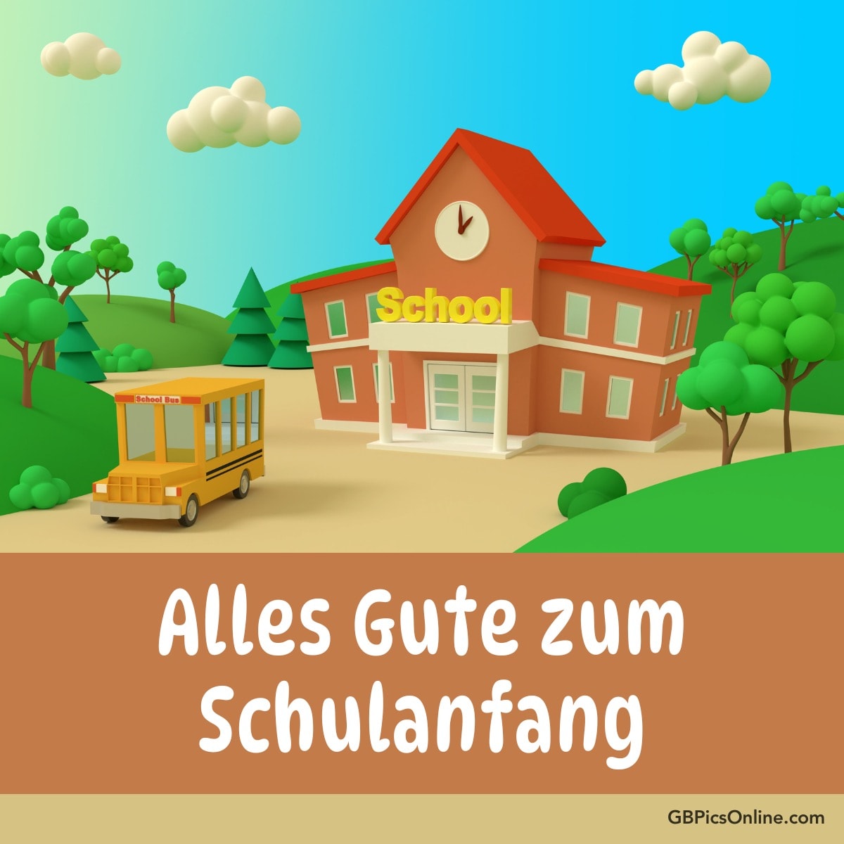 Ein Schulgebäude und ein gelber Schulbus in einer farbenfrohen Cartoon-Landschaft