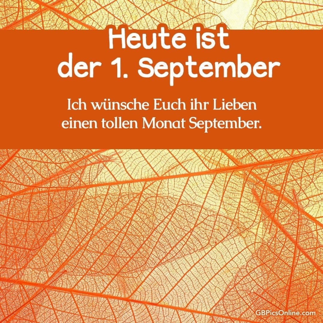 Nahaufnahme von transparenten orangefarbenen Blättern mit Grußtext für 1. September