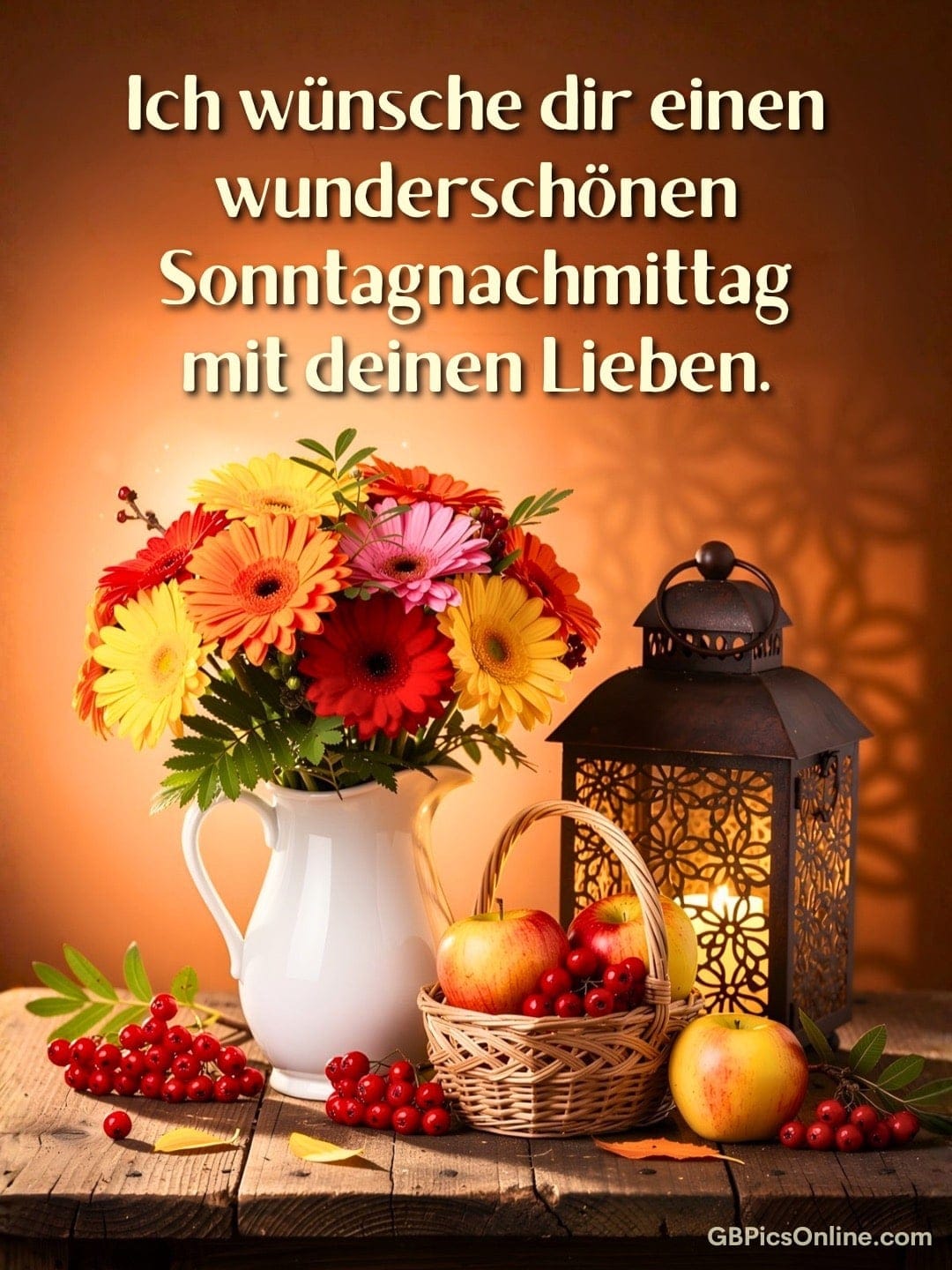 Blumenstrauß, Laterne und Korb mit Äpfeln und Beeren auf Holztisch vor warmem Hintergrund