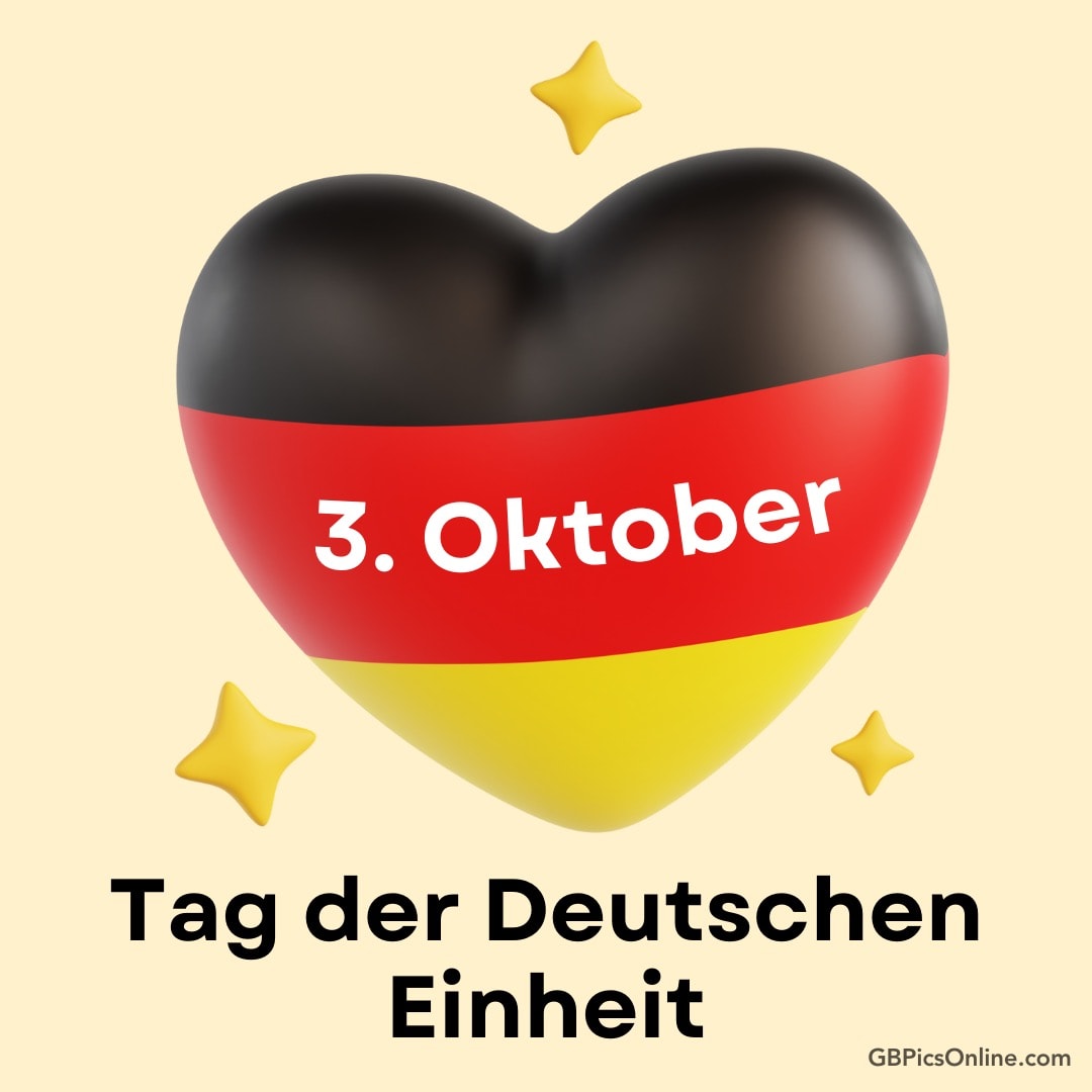 Schwarzes Herz mit deutscher Flagge und Datum „3. Oktober“, umgeben von Sternen und Text „Tag der Deutschen Einheit“