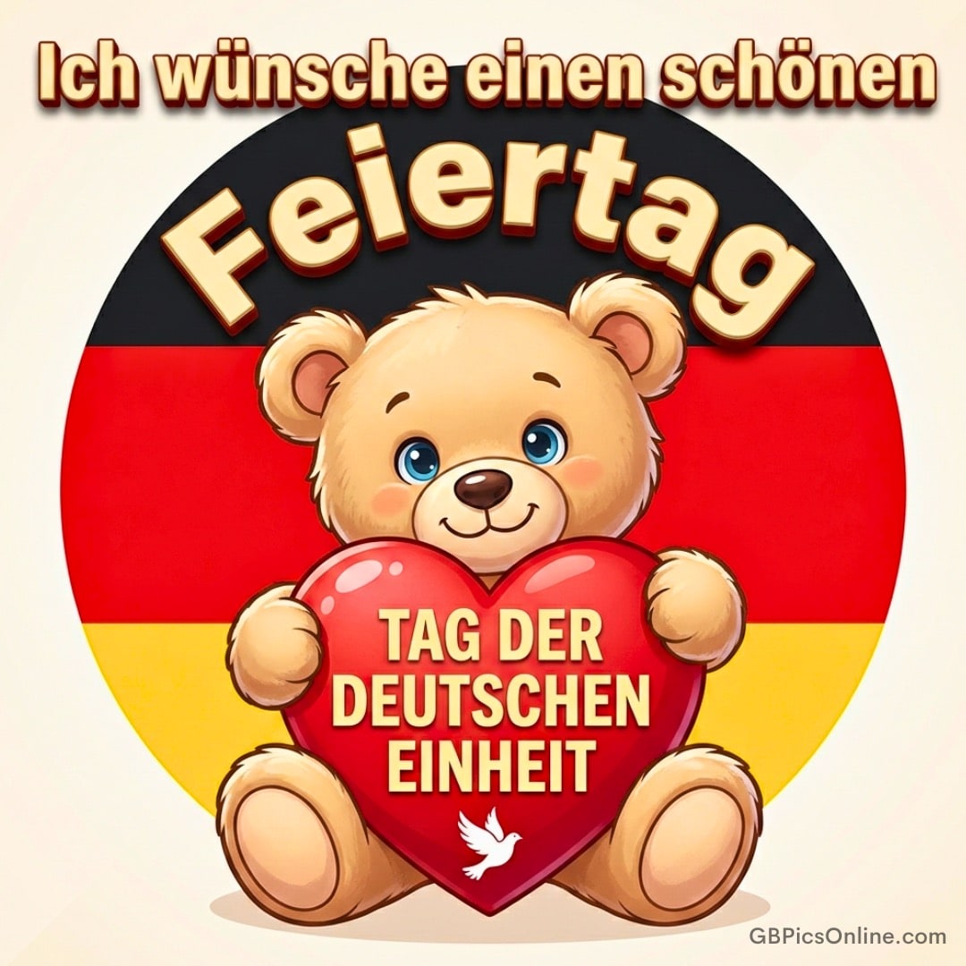 Teddybär vor Deutschlandflagge hält ein Herz: „Tag der Deutschen Einheit“ und Gruß „Schönen Feiertag“